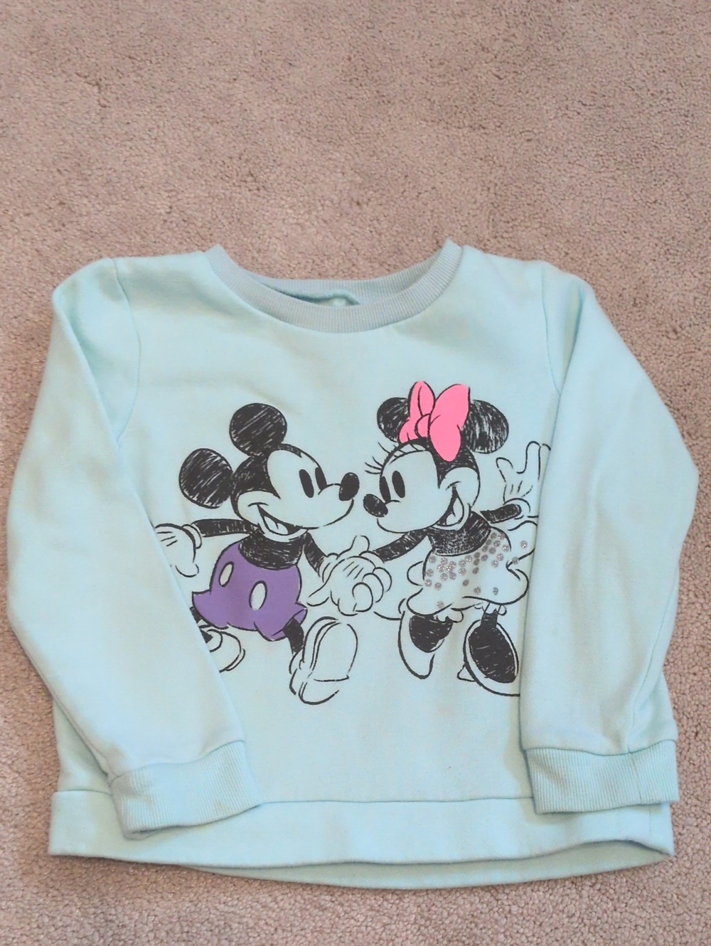 Disney Light Blue Mickey & Minnie Graphic Sweatshirt with Pink Bow (5T)